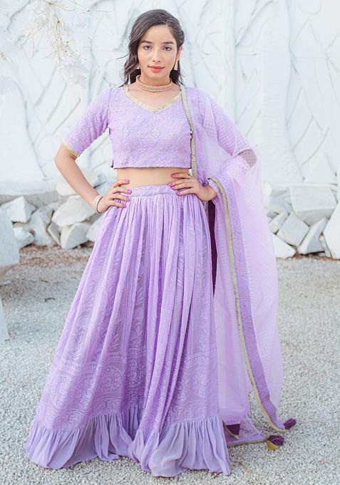 Purple Embroidered Georgette Chikankari Lehenga Set