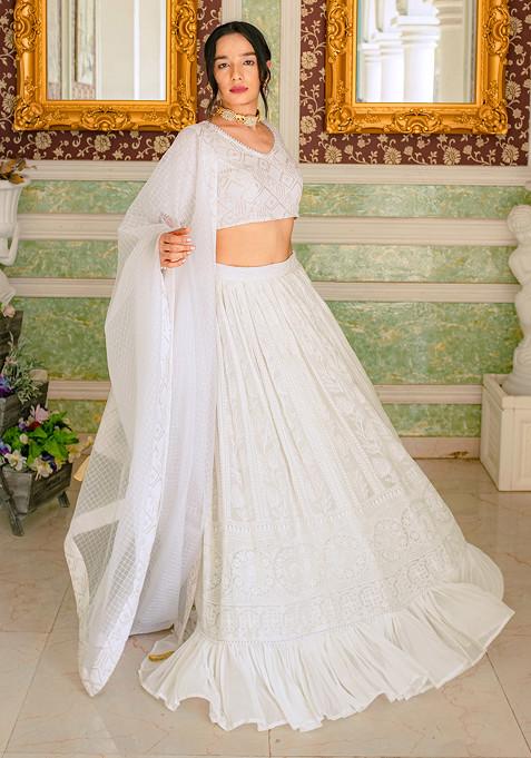 White Embroidered Georgette Chikankari Lehenga Set