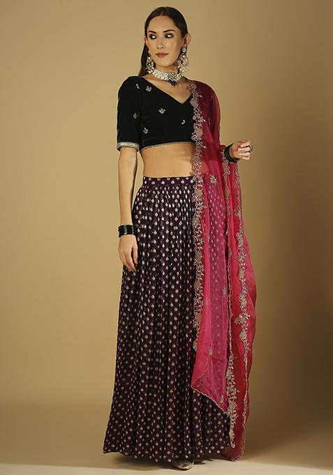 Purple Embroidered Lehenga Set