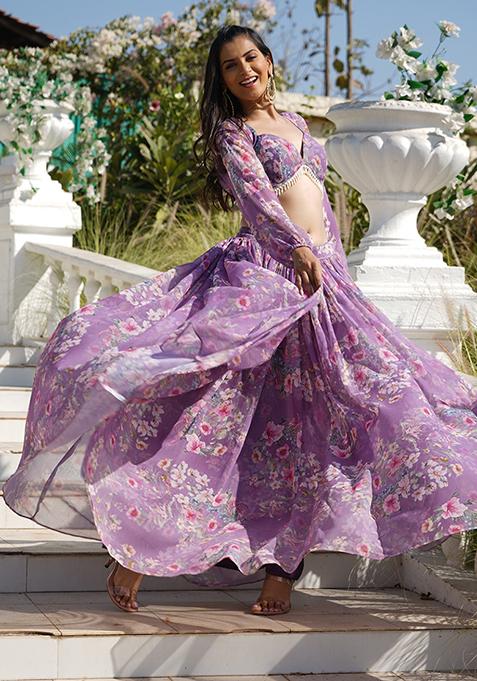 Lilac Floral Print Lehanga Set