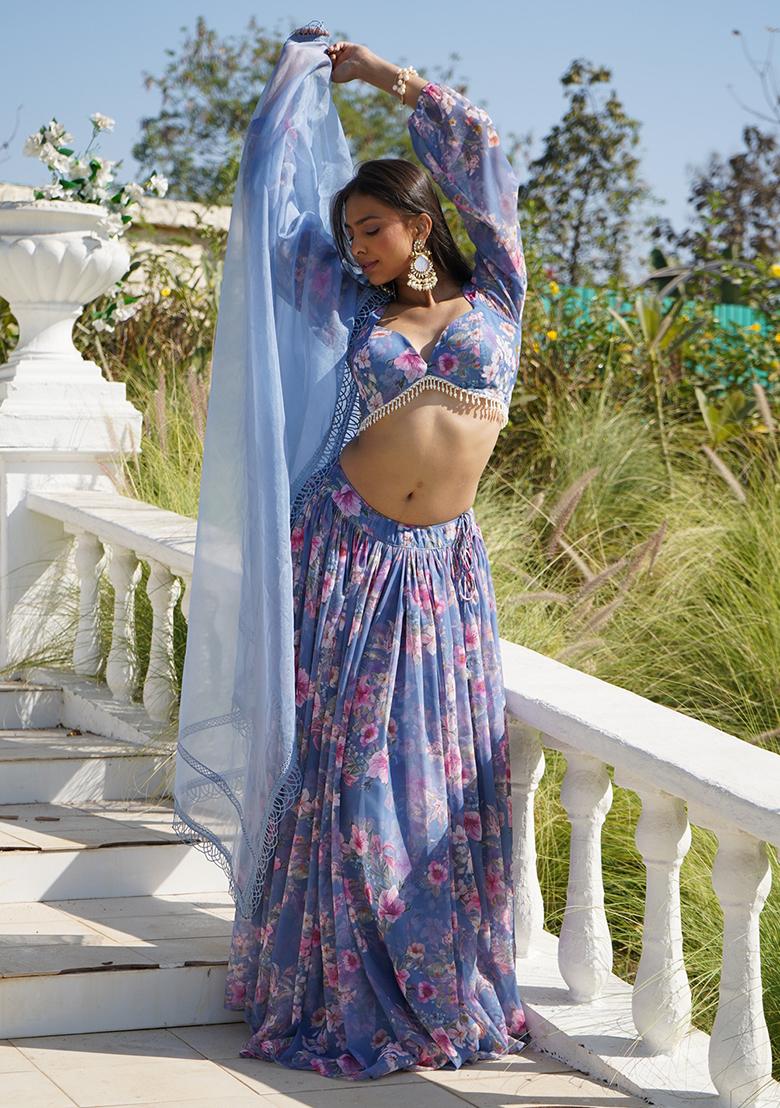 Blue Floral Print Lehenga Set