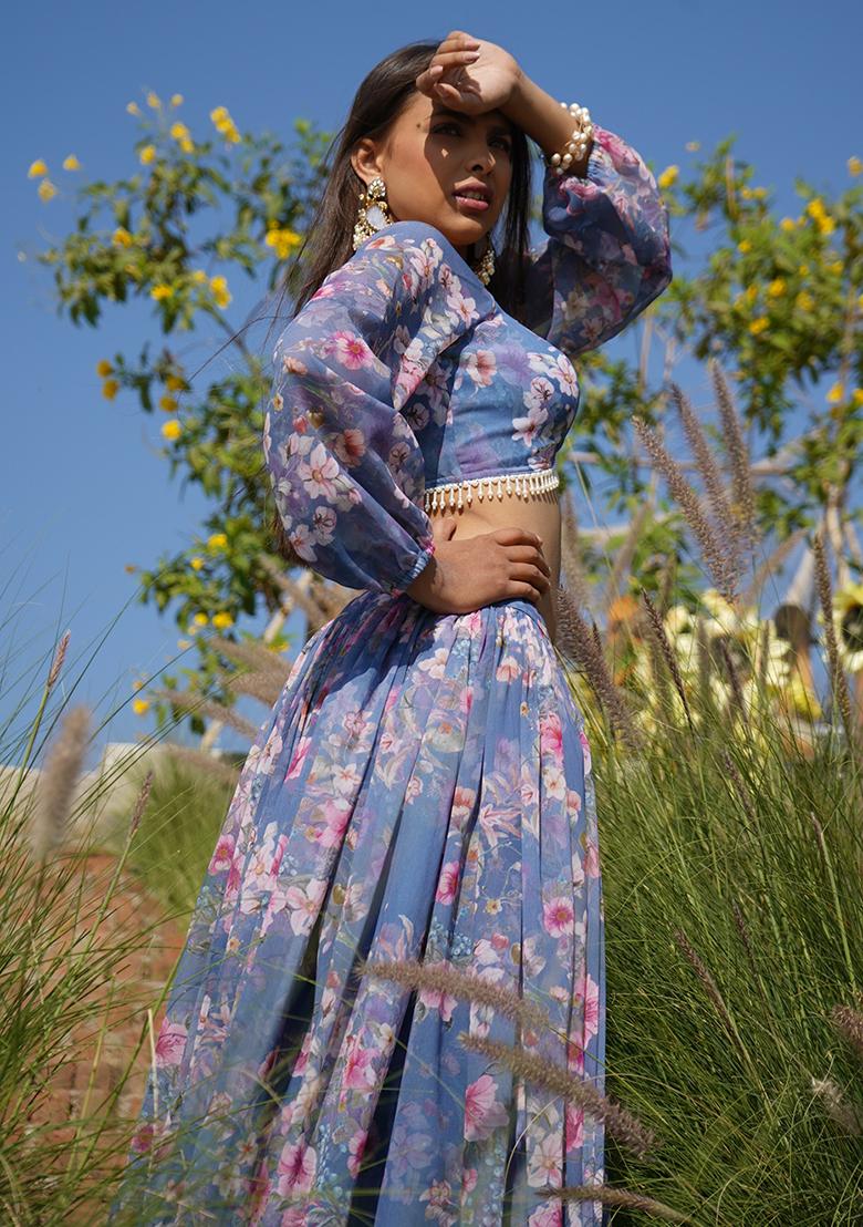 Blue Floral Print Lehenga Set