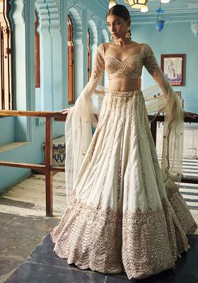 Off White Embroidered Raw Silk Lehenga Set