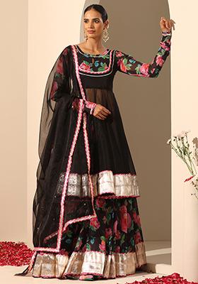 Black Printed Georgette Gul Gulab Lehenga Set