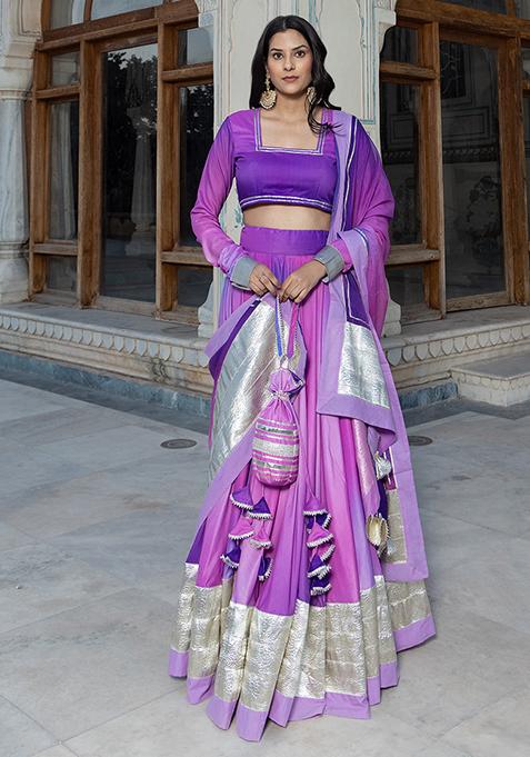 Purple Ombre Printed Muslin Lehenga Set