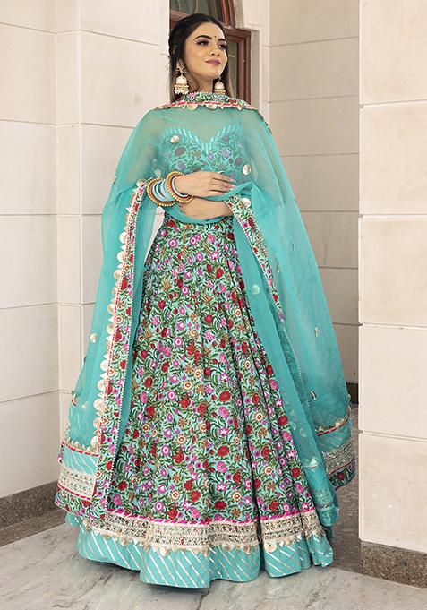 Blue Hand Block Print Pure Cotton Aasma Lehenga Set