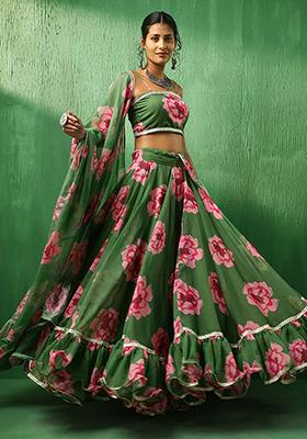 Green Printed Organza Adaa Carnation Lehenga Set