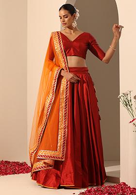 Red Taffeta Silk Gul Maroon Lehenga Set