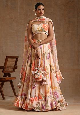 Peach Printed Georgette Gul Ruhani Lehenga Set