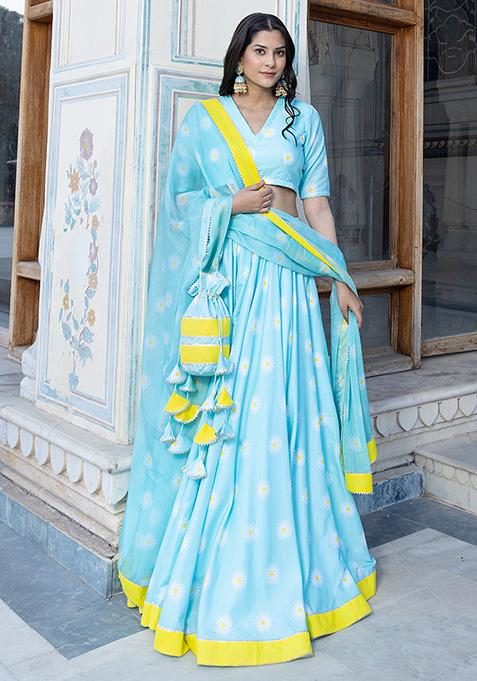 Blue Printed Muslin Daylily Lehenga Set