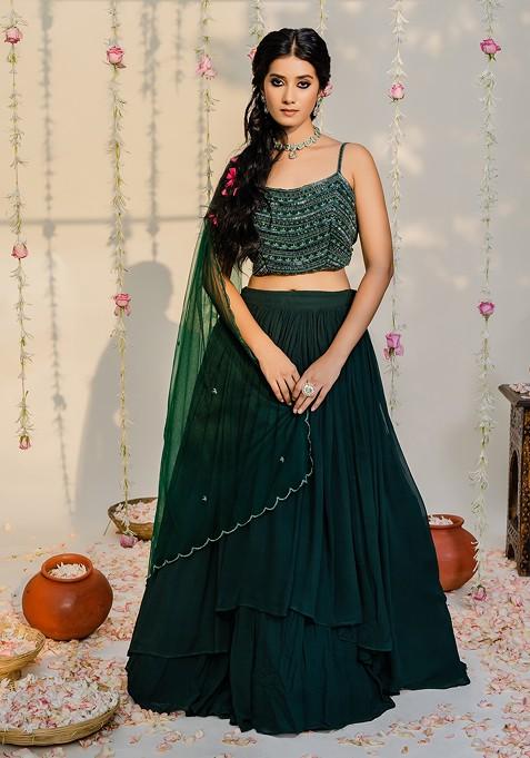 Bottle Green Embroidered Lehenga Set