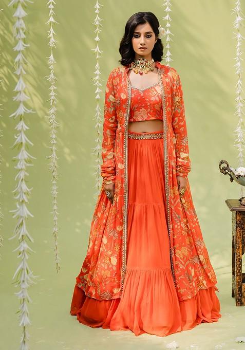 Rust Orange Embroidered Lehenga Set