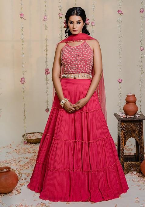 Fuchsia Pink Embroidered Lehenga Set