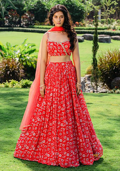 Cherry Red Floral Print Lehenga Set