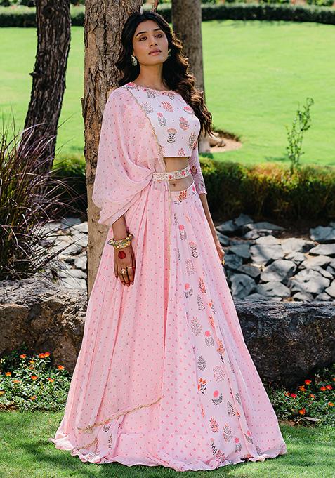 Blush Pink Floral Print Embroidered Lehenga Set With Belt