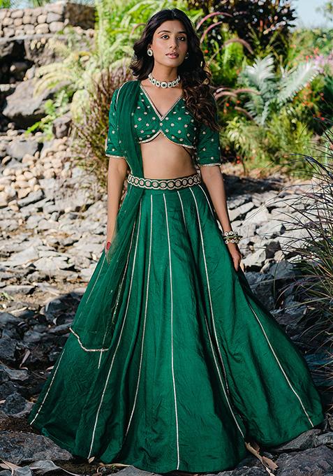 Emerald Green Embroidered Lehenga Set With Belt