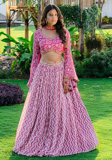 Mauve Printed And Embroidered Lehenga Set