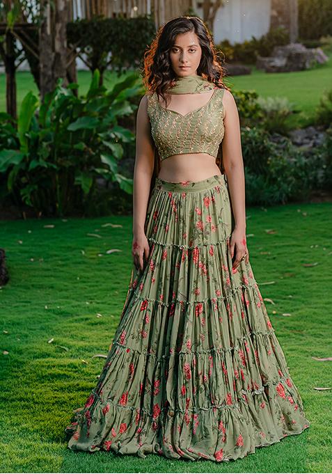 Pista Green Printed Embroidered Lehenga Set