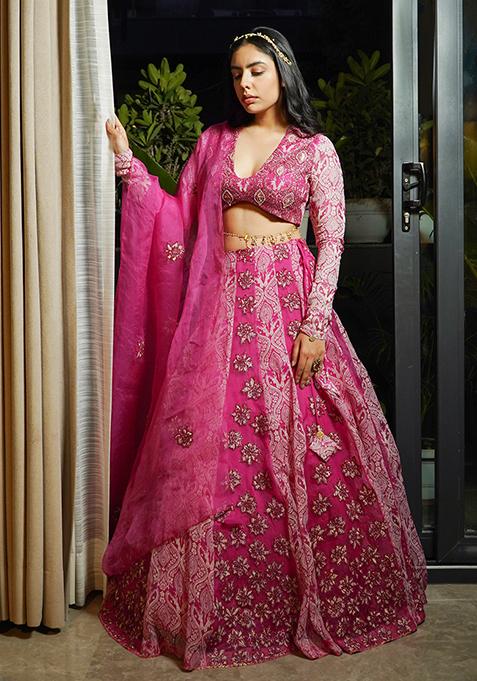 Magenta Dori Embroidered Chanderi Silk Lehenga Set