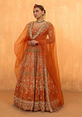 Orange Rust Pearl Embroidered Kurta Set
