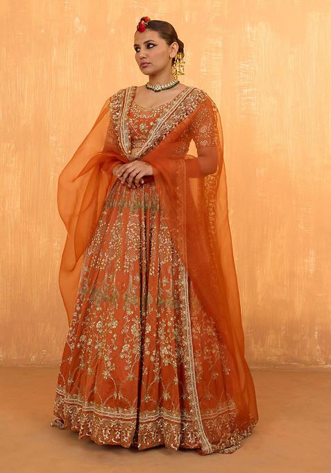 Orange Rust Pearl Embroidered Kurta Set