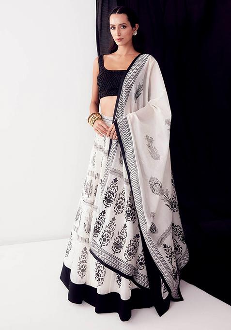 Black And White Block Print Lehenga Set