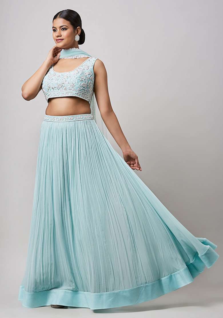 Sea Green Hand Embroidered Lehenga Set - Indya