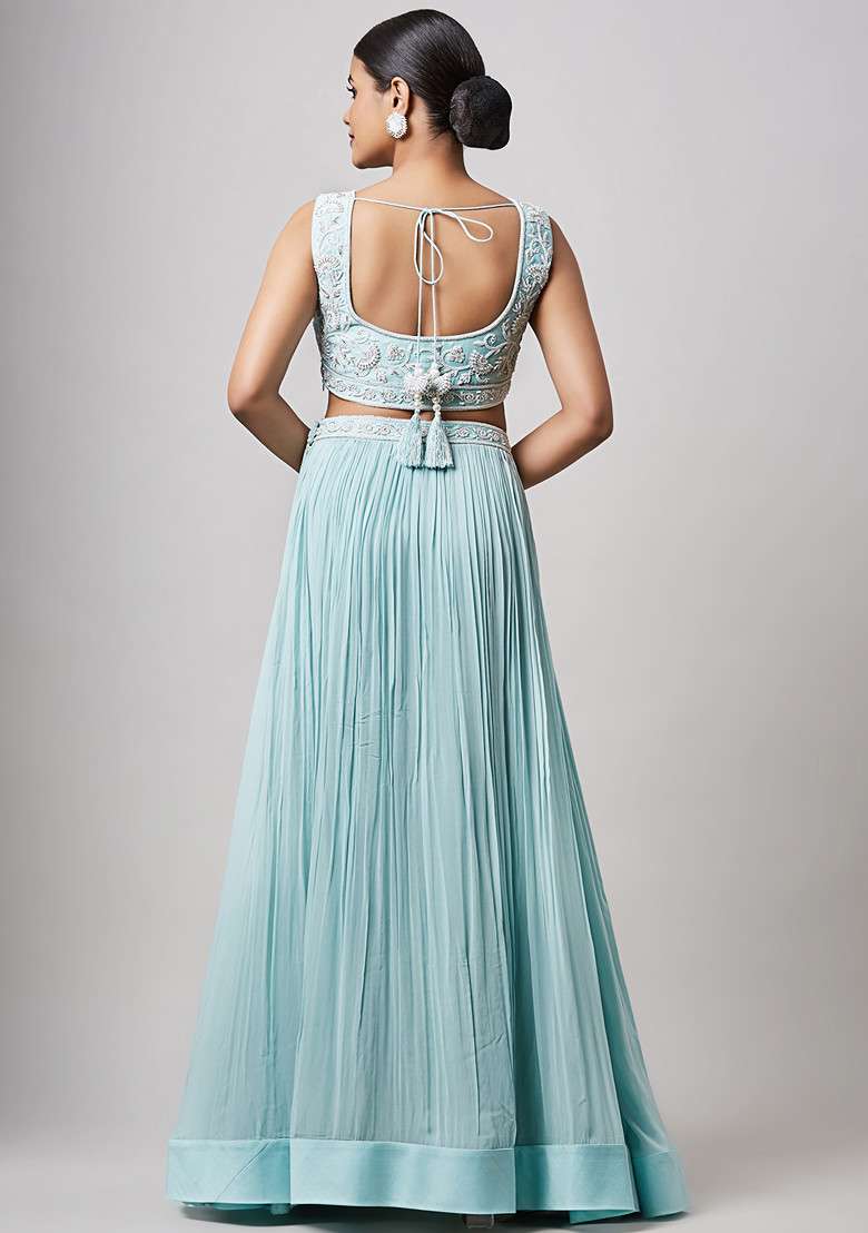 Sea Green Hand Embroidered Lehenga Set - Indya