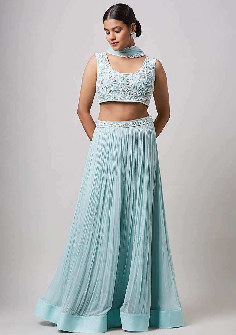 Sea Green Hand Embroidered Lehenga Set - Indya