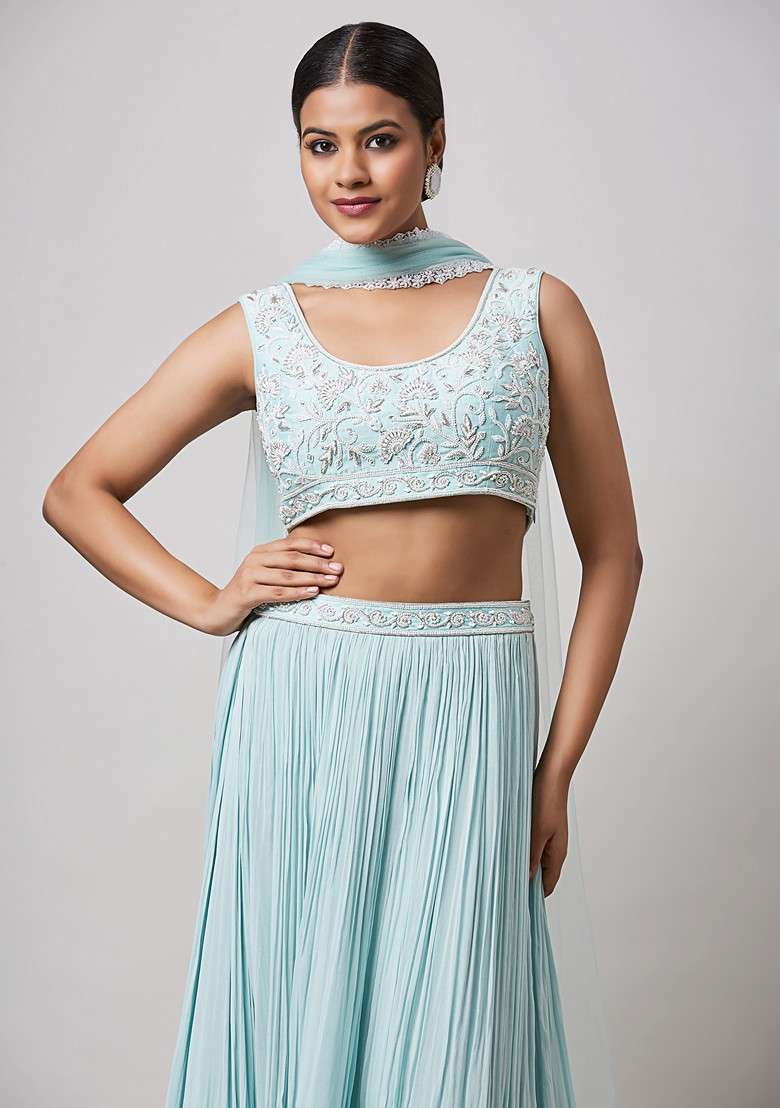 Sea Green Hand Embroidered Lehenga Set - Indya