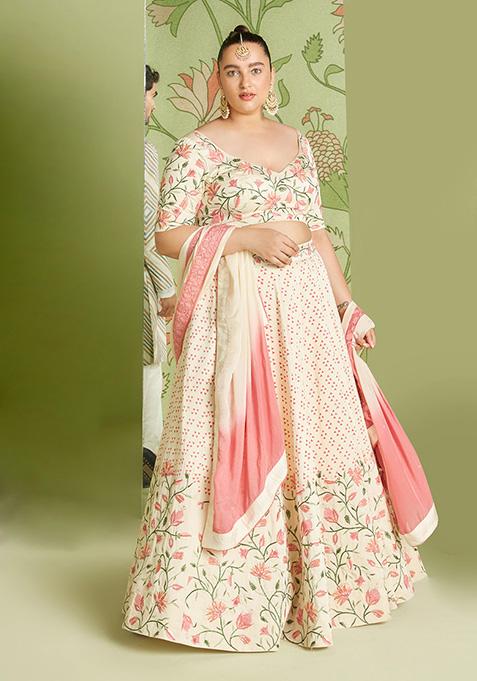 Ivory Hand Block Print Sequin Embroidered Lehenga Set