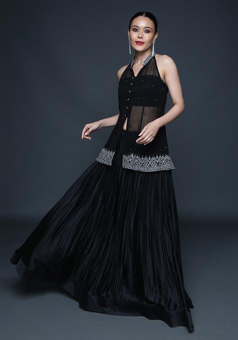 Black Cutdana Embroidered Lehenga Set