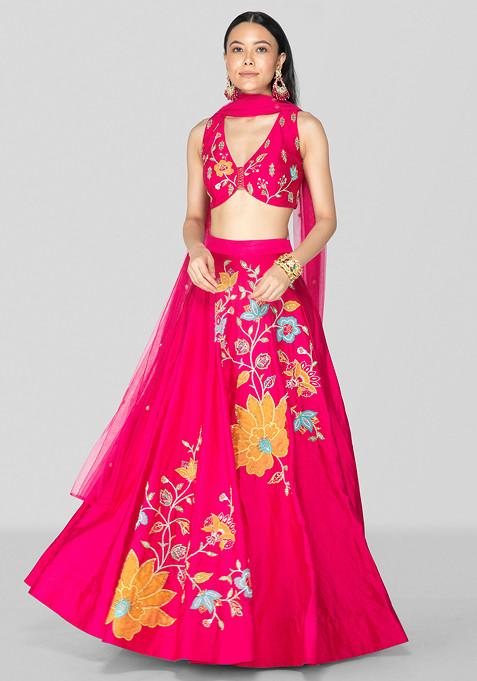 Hot Pink Applique Embroidered Lehenga Set