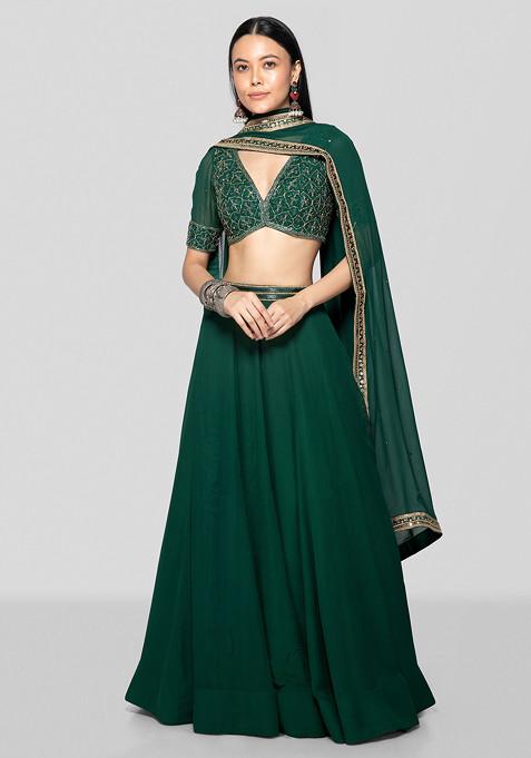 Emerald Green Hand Embroidered Lehenga Set