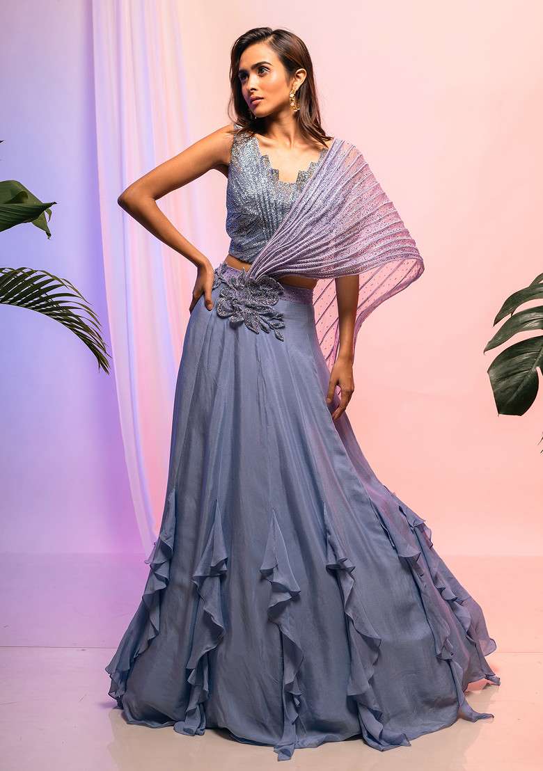 Blue Embroidered Chinon Lehenga Set - Indya
