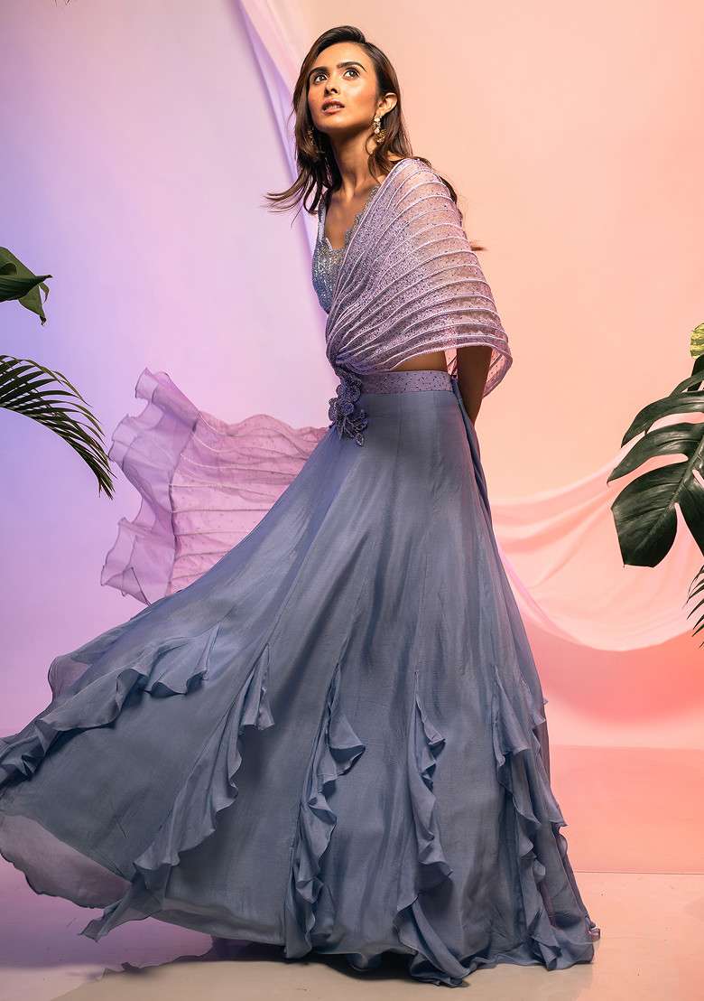 Blue Embroidered Chinon Lehenga Set - Indya