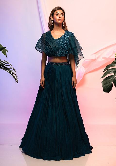 Midnight Blue Embroidered Chinon Lehenga Set