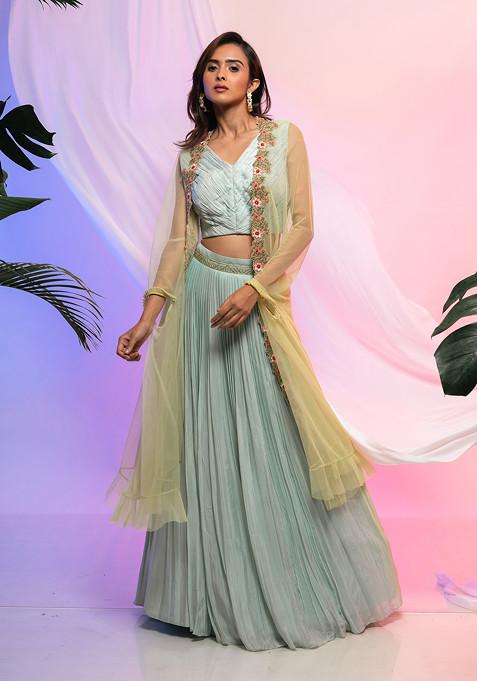 Aqua Embroidered Chinon Lehenga Set