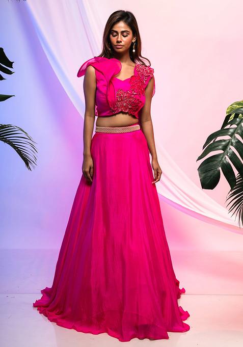 Fuchsia Pink Embroidered Lehenga Set