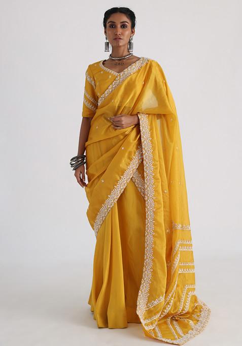 Yellow Hand Embroidered Tissue Saree Set