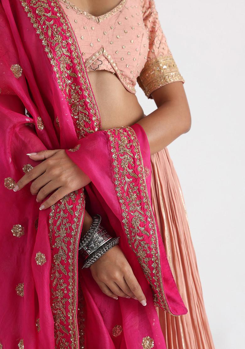Pink Hand Embroidered Bam Silk Lehenga Set