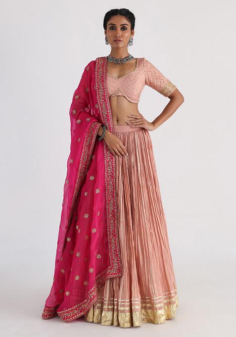 Pink Hand Embroidered Bam Silk Lehenga Set