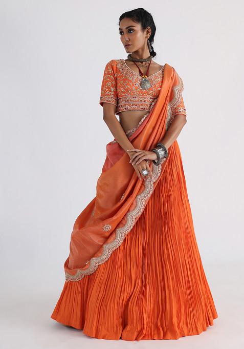 Orange Hand Embroidered Lehenga Set