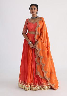 Orange Hand Embroidered Crushed Cotton Lehenga Set