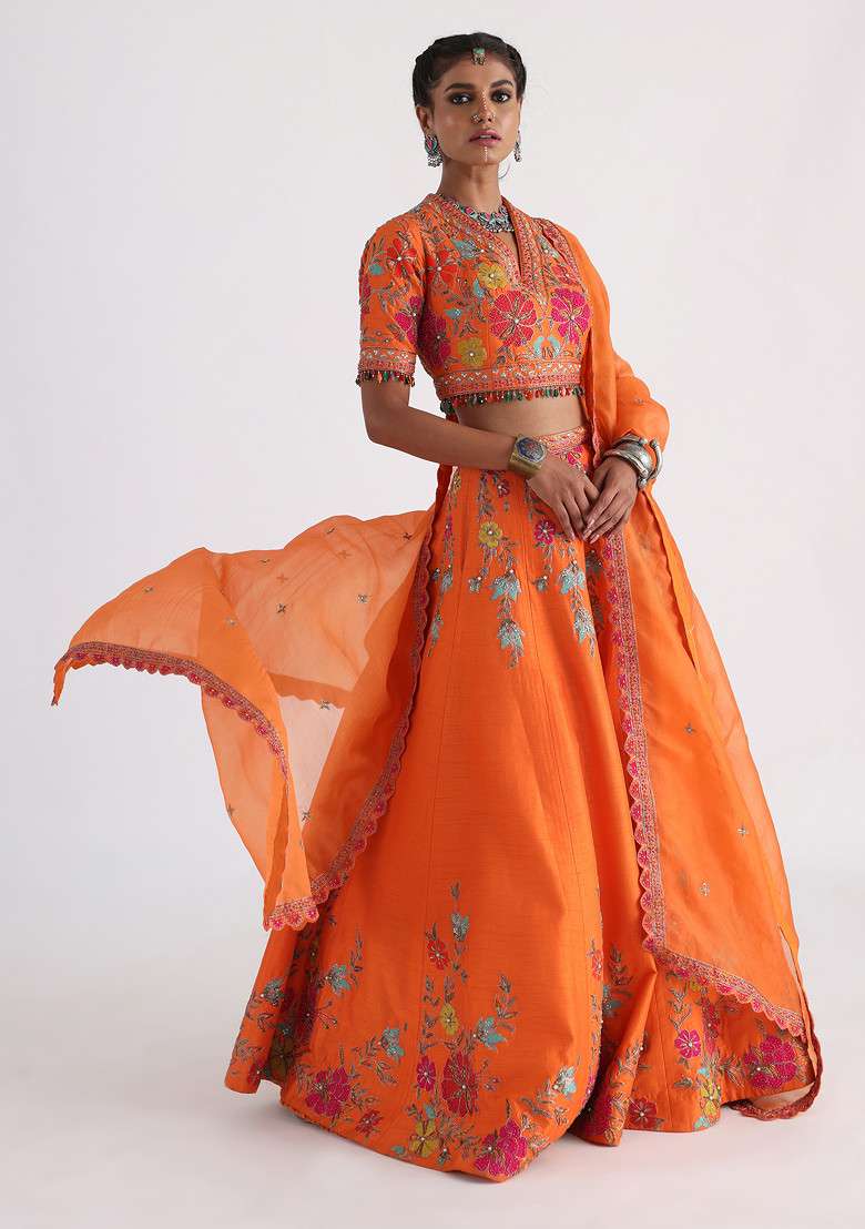Orange Hand Embroidered Bam Silk Lehenga Set - Indya