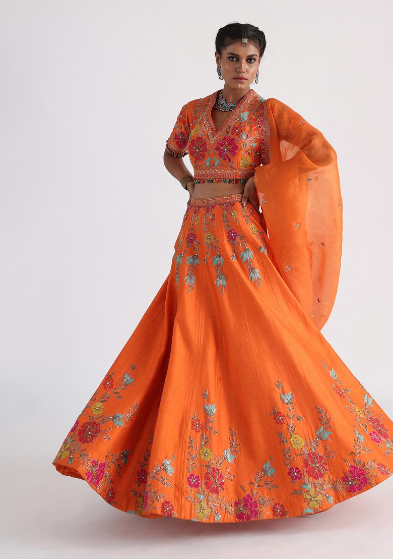 Orange Hand Embroidered Bam Silk Lehenga Set