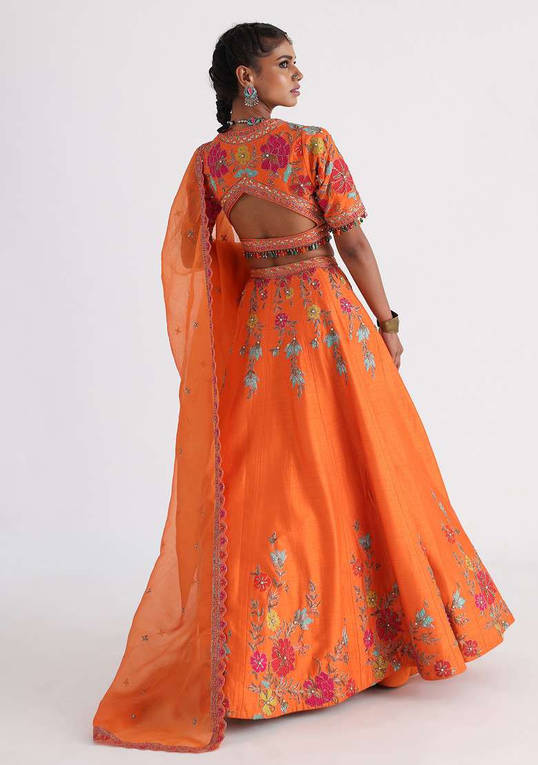 Orange Hand Embroidered Bam Silk Lehenga Set - Indya