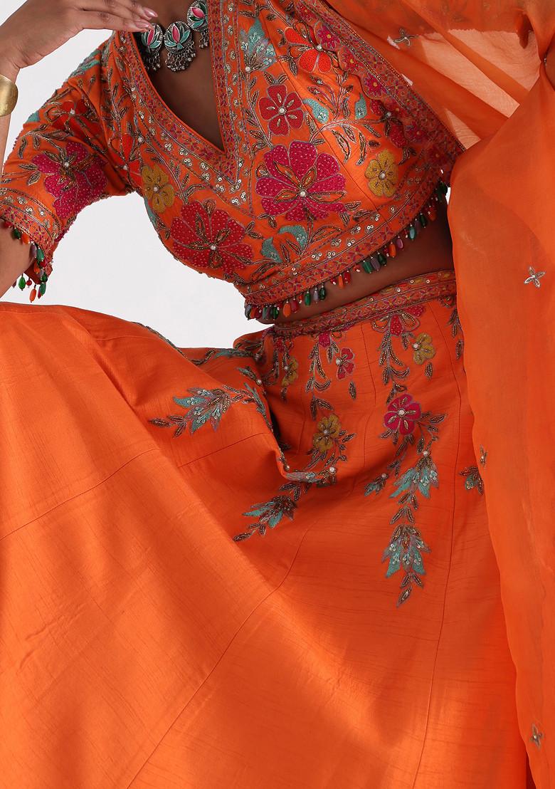 Orange Hand Embroidered Bam Silk Lehenga Set