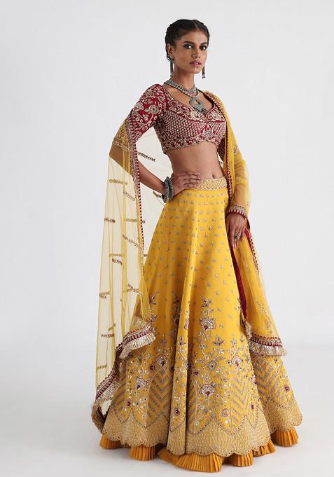 Yellow Hand Embroidered Linen Satin Lehenga Set