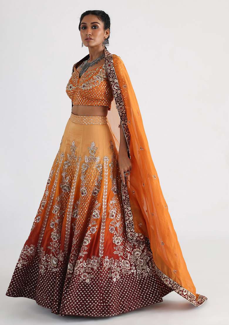 Yellow Hand Embroidered Satin Organza Lehenga Set - Indya